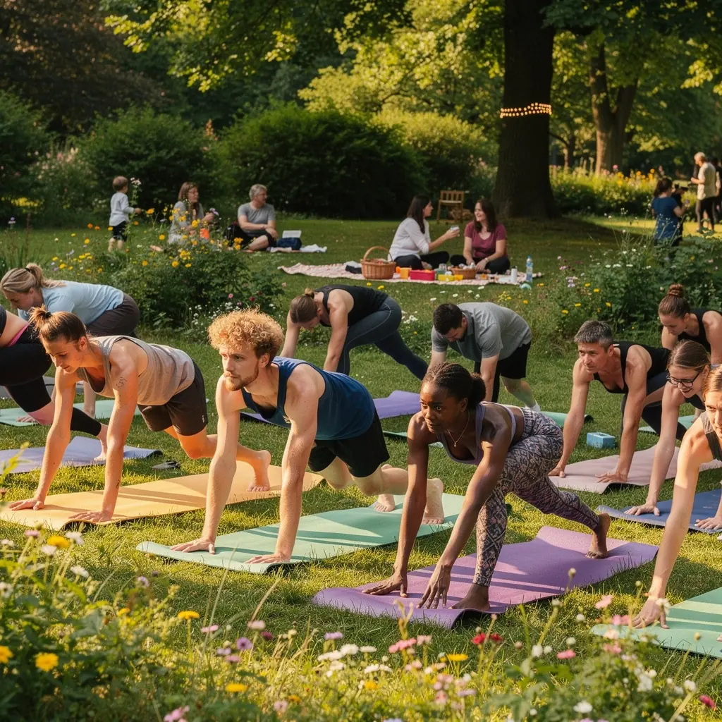 Grupa uczniów medytujących w ciszy podczas zajęć jogi.
