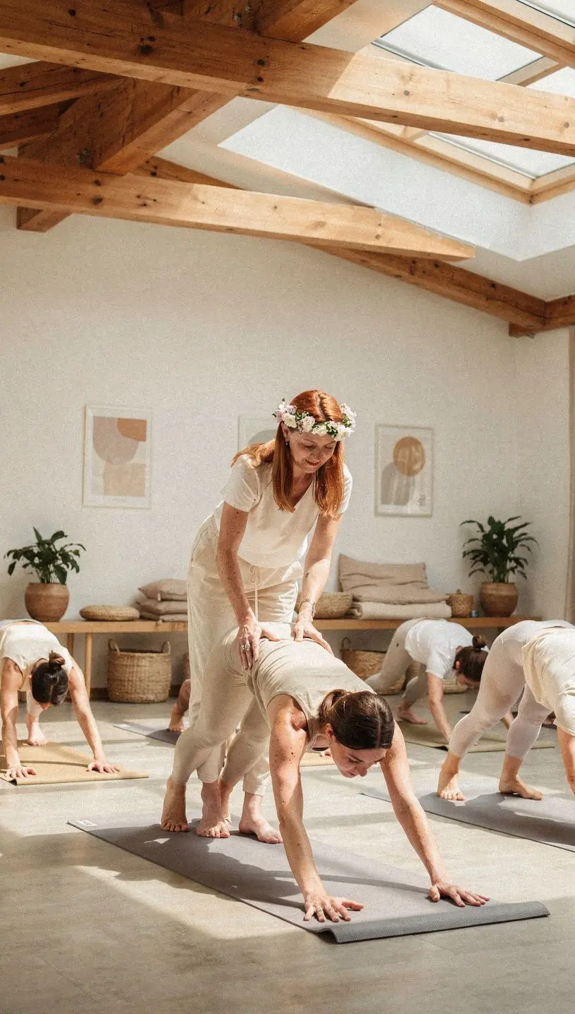 Mężczyzna wykonujący płynne przejście między asanami na macie.