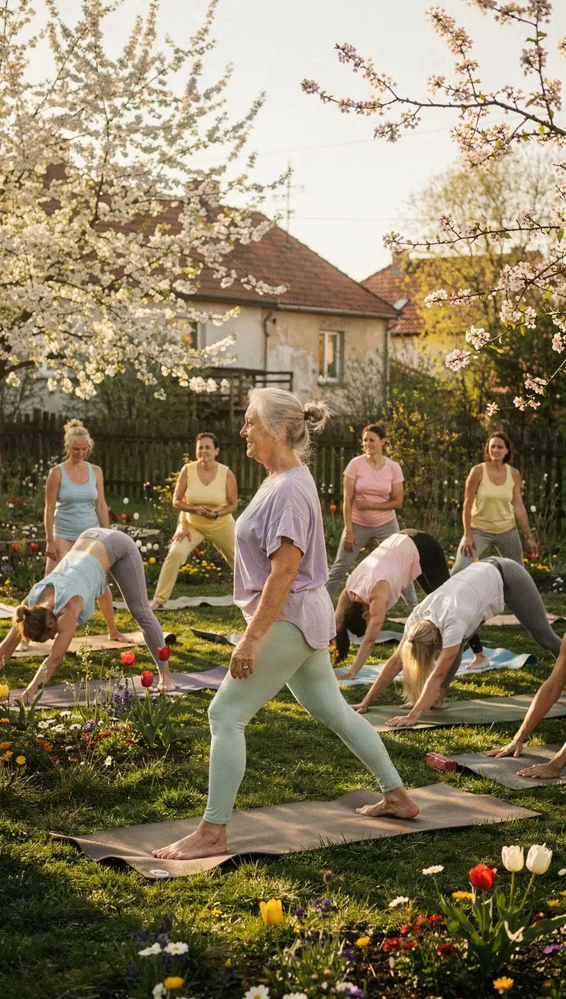Grupa osób praktykujących jogę w harmonijnym ruchu, synchronizując oddech z płynącymi sekwencjami.