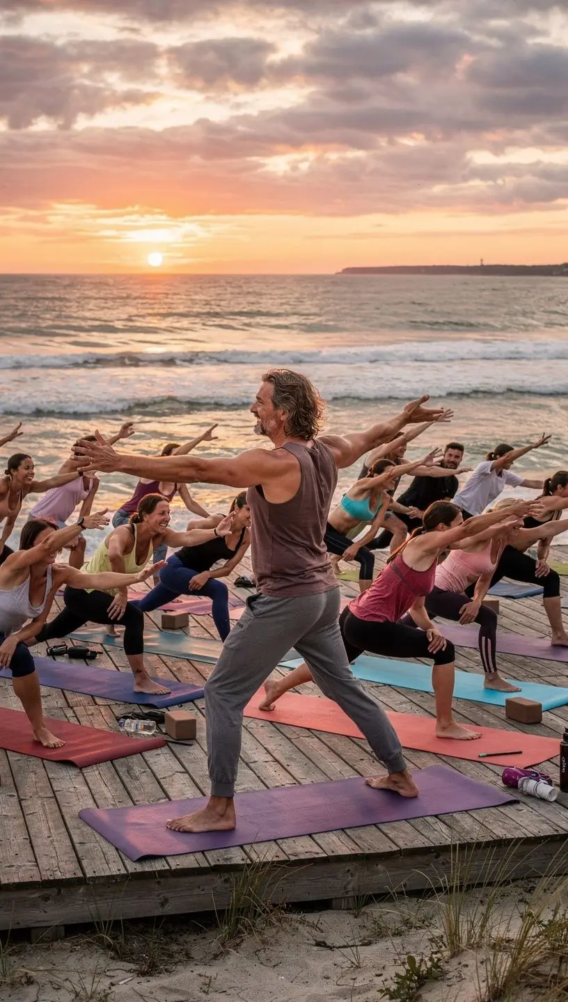 Nauczyciel prowadzący zajęcia jogi, demonstrujący precyzyjne pozycje z uwagą na technikę.