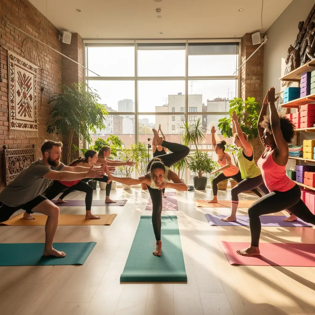 Zbliżenie na stopy uczestnika jogi w trakcie przejścia między pozycjami, podkreślające równowagę i stabilność.
