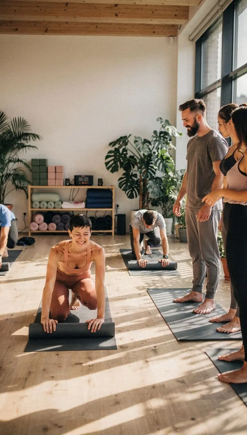Grupa osób praktykujących jogę w harmonijnym ruchu, synchronizując oddech z płynącymi sekwencjami.