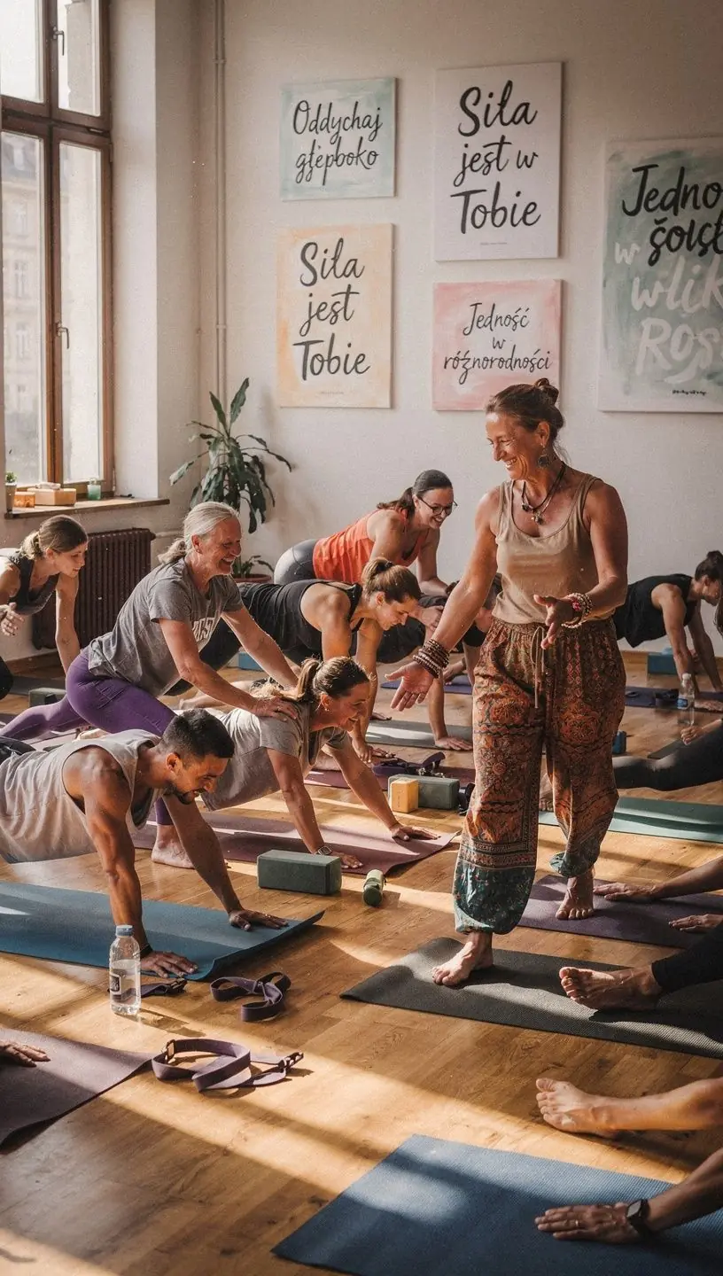 Grupa osób praktykujących jogę w harmonijnym ruchu, synchronizując oddech z płynącymi sekwencjami.