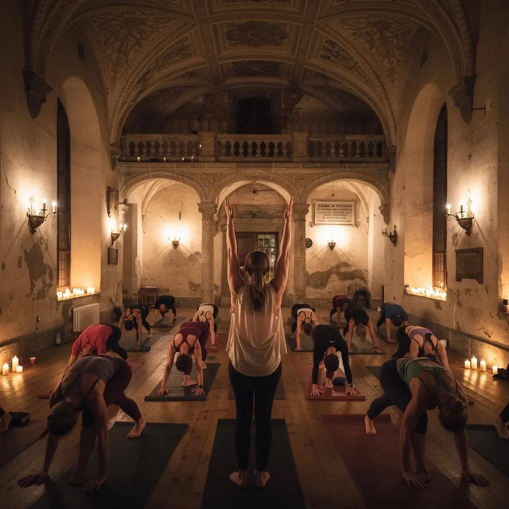 Grupa osób praktykujących jogę w harmonijnym ruchu, synchronizując oddech z płynącymi sekwencjami.