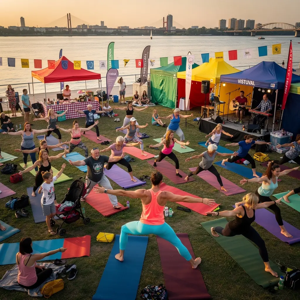 Grupa osób praktykujących jogę w harmonijnym ruchu, synchronizując oddech z płynącymi sekwencjami.