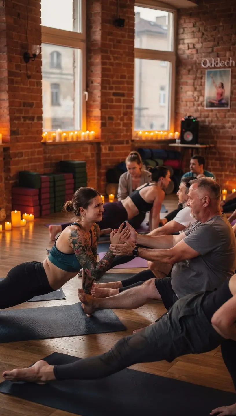 Grupa osób praktykujących jogę w harmonijnym ruchu, synchronizując oddech z płynącymi sekwencjami.